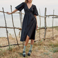 Puff Sleeve Wrap Midi Dress With Tie Waist - Black