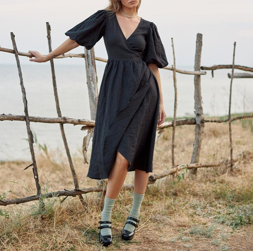 Puff Sleeve Wrap Midi Dress With Tie Waist - Black