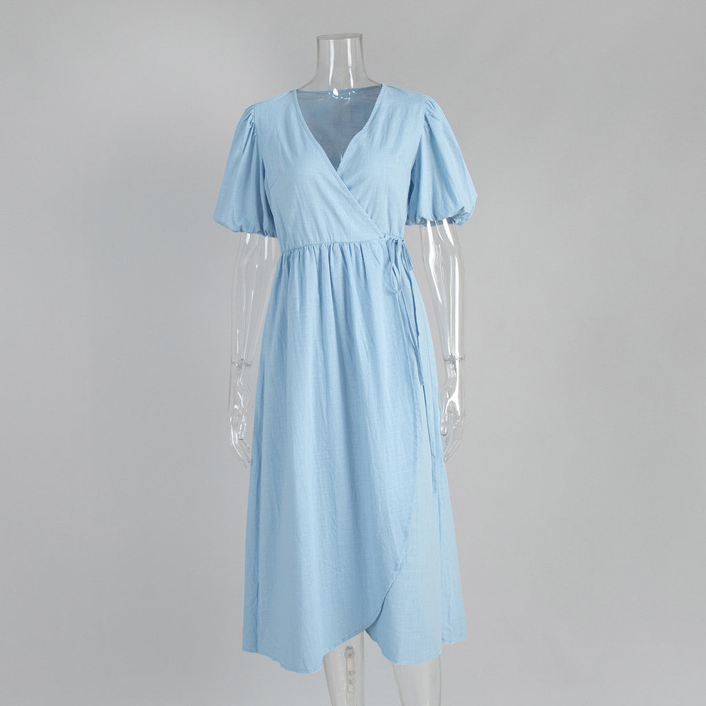 Puff Sleeve Wrap Midi Dress With Tie Waist - Blue