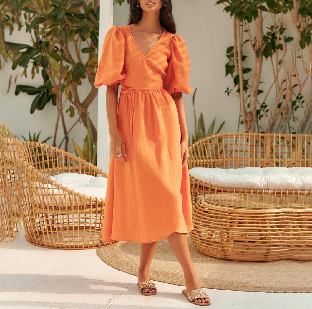 Puff Sleeve Wrap Midi Dress With Tie Waist - Orange