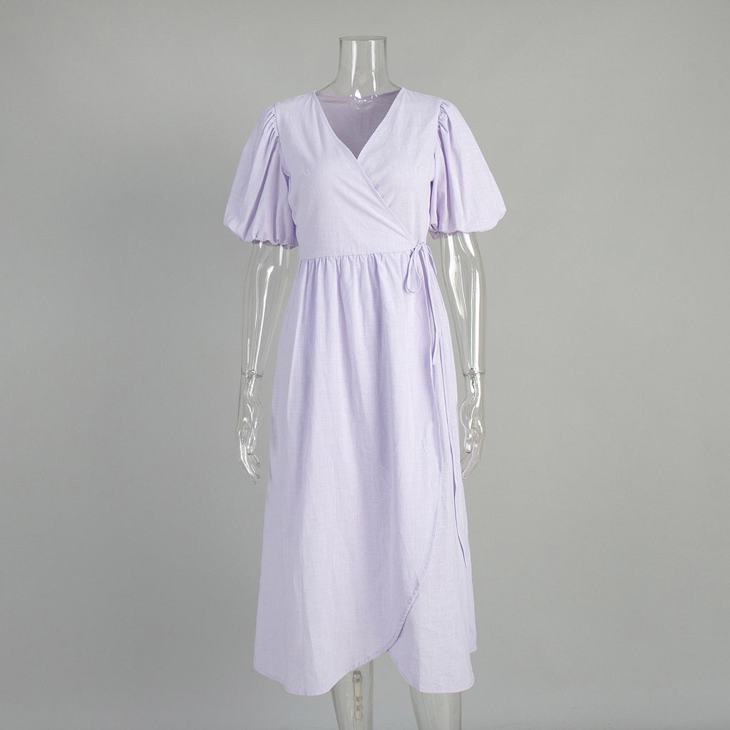 Puff Sleeve Wrap Midi Dress With Tie Waist - Purple