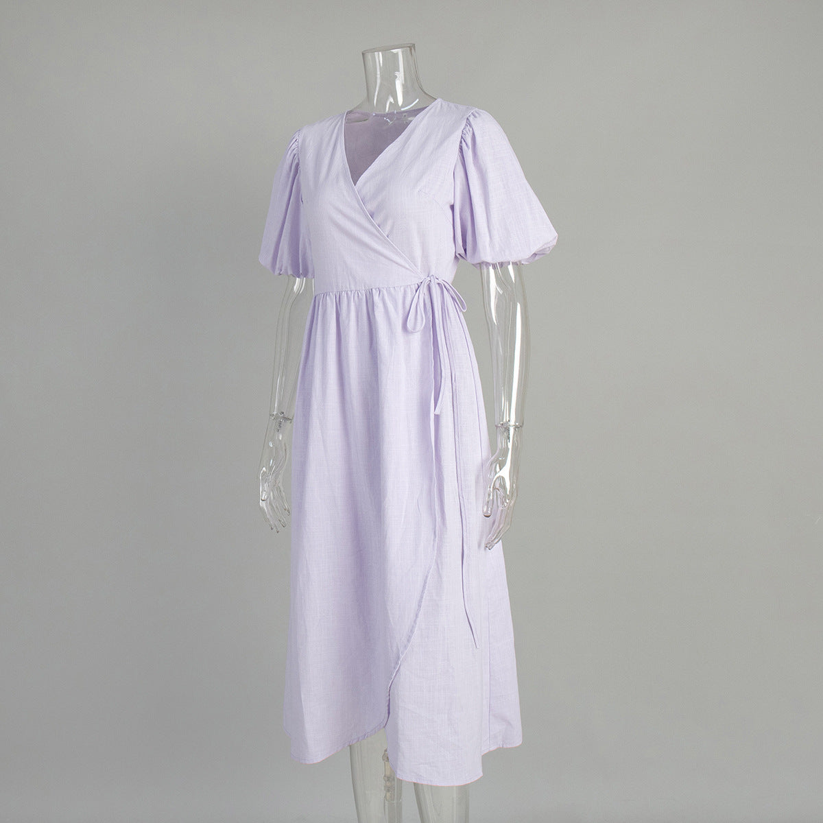 Puff Sleeve Wrap Midi Dress With Tie Waist - Purple - 1