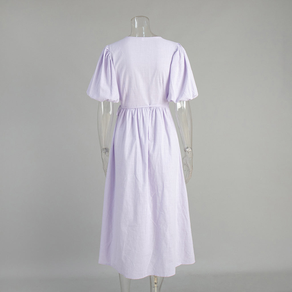 Puff Sleeve Wrap Midi Dress With Tie Waist - Purple - 2