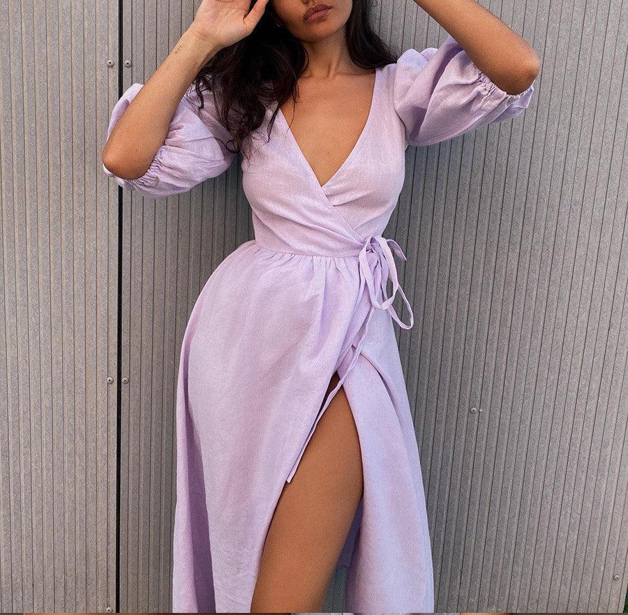 Puff Sleeve Wrap Midi Dress With Tie Waist - Purple - 6