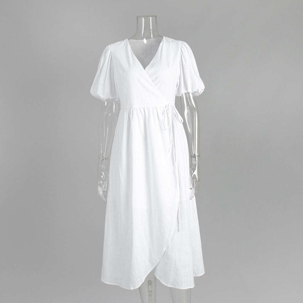 Puff Sleeve Wrap Midi Dress With Tie Waist - White