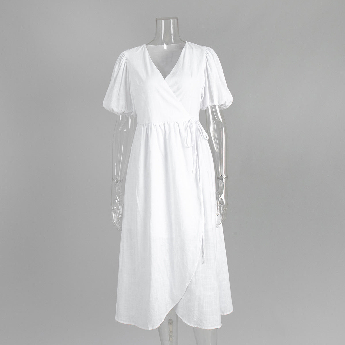 Puff Sleeve Wrap Midi Dress With Tie Waist - White