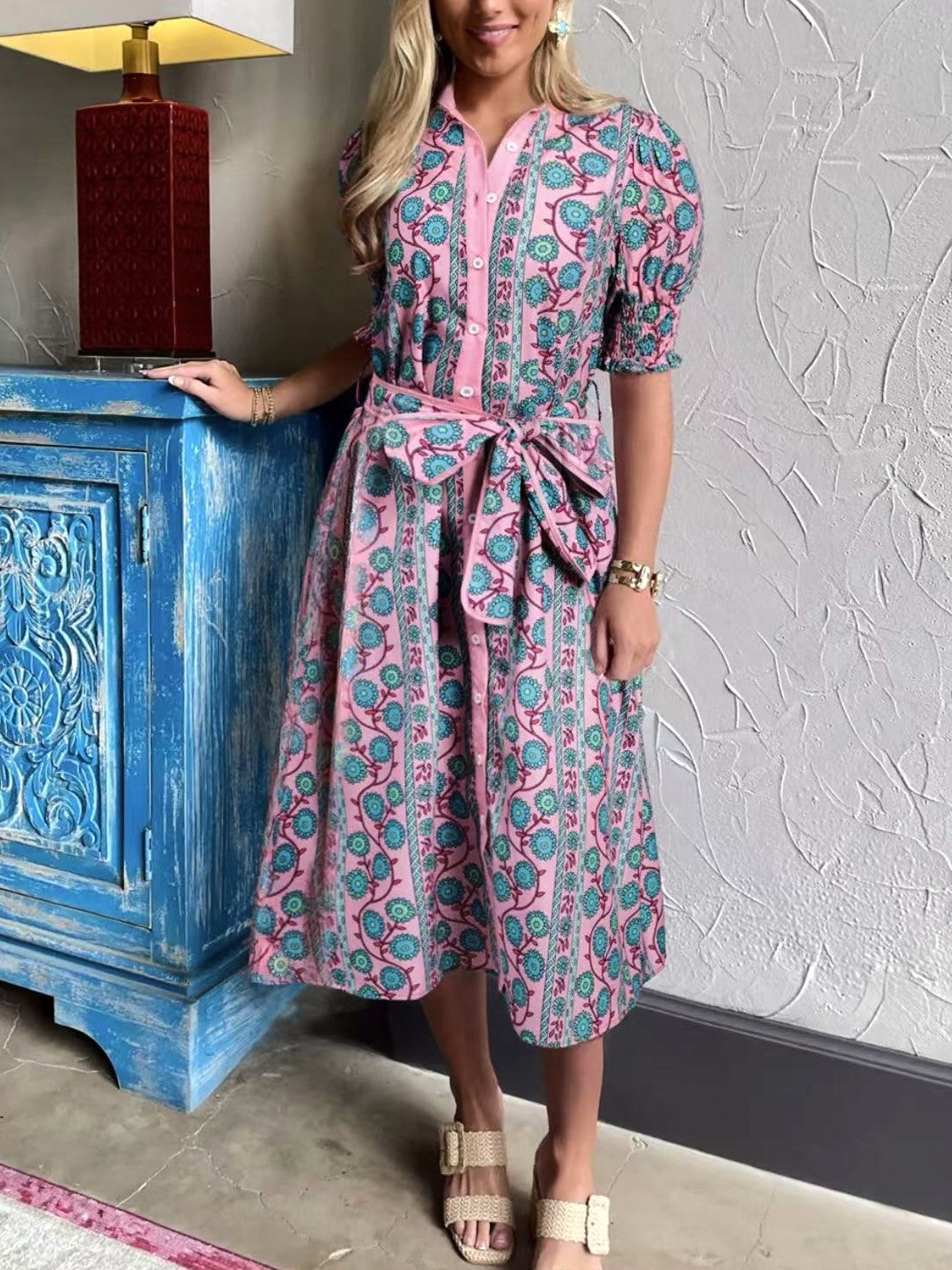 Vintage Floral Belted Midi Shirt Dress - Purple
