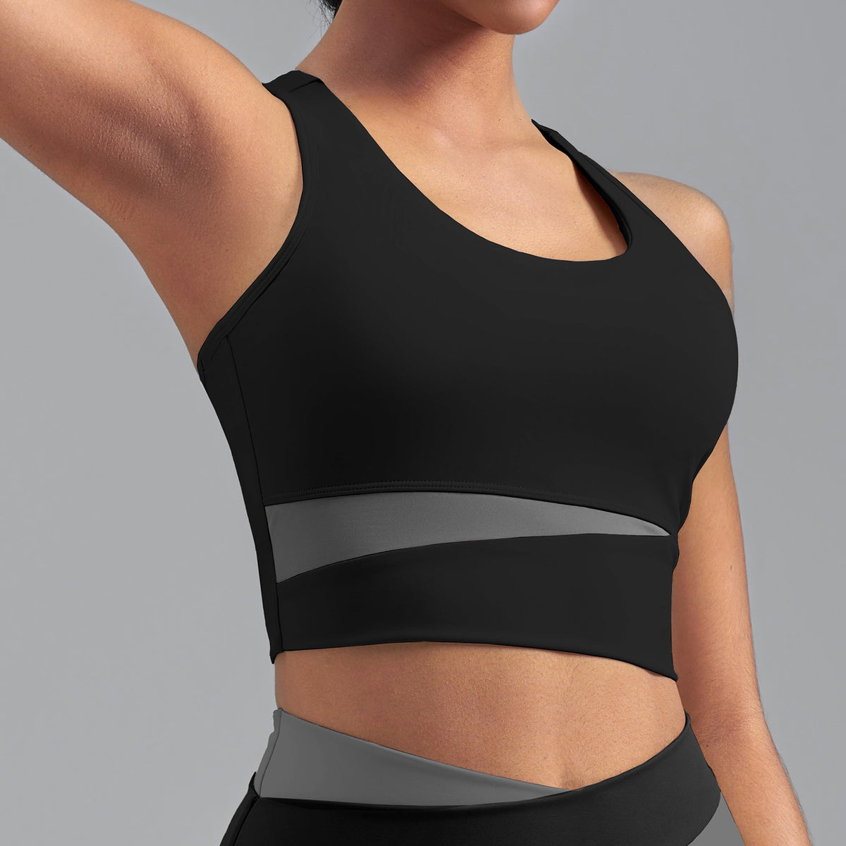 Mesh Panel Colorblock Longline Workout Sports Bra - Black