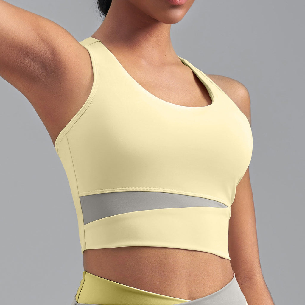 Mesh Panel Colorblock Longline Workout Sports Bra - Butter Yellow