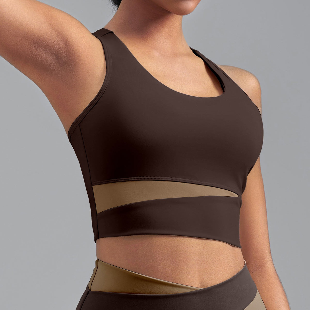 Mesh Panel Colorblock Longline Workout Sports Bra - Espresso