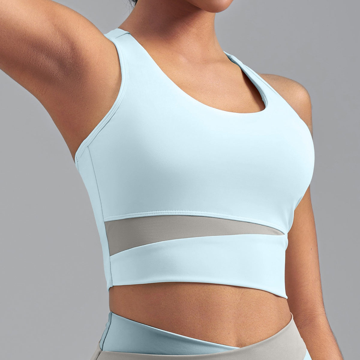 Mesh Panel Colorblock Longline Workout Sports Bra - Ice Blue