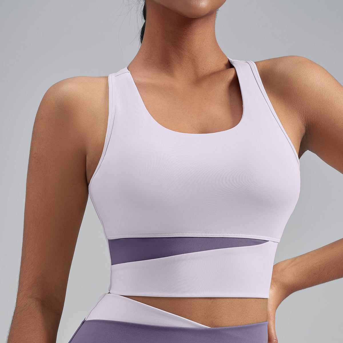 Mesh Panel Colorblock Longline Workout Sports Bra - Lavender