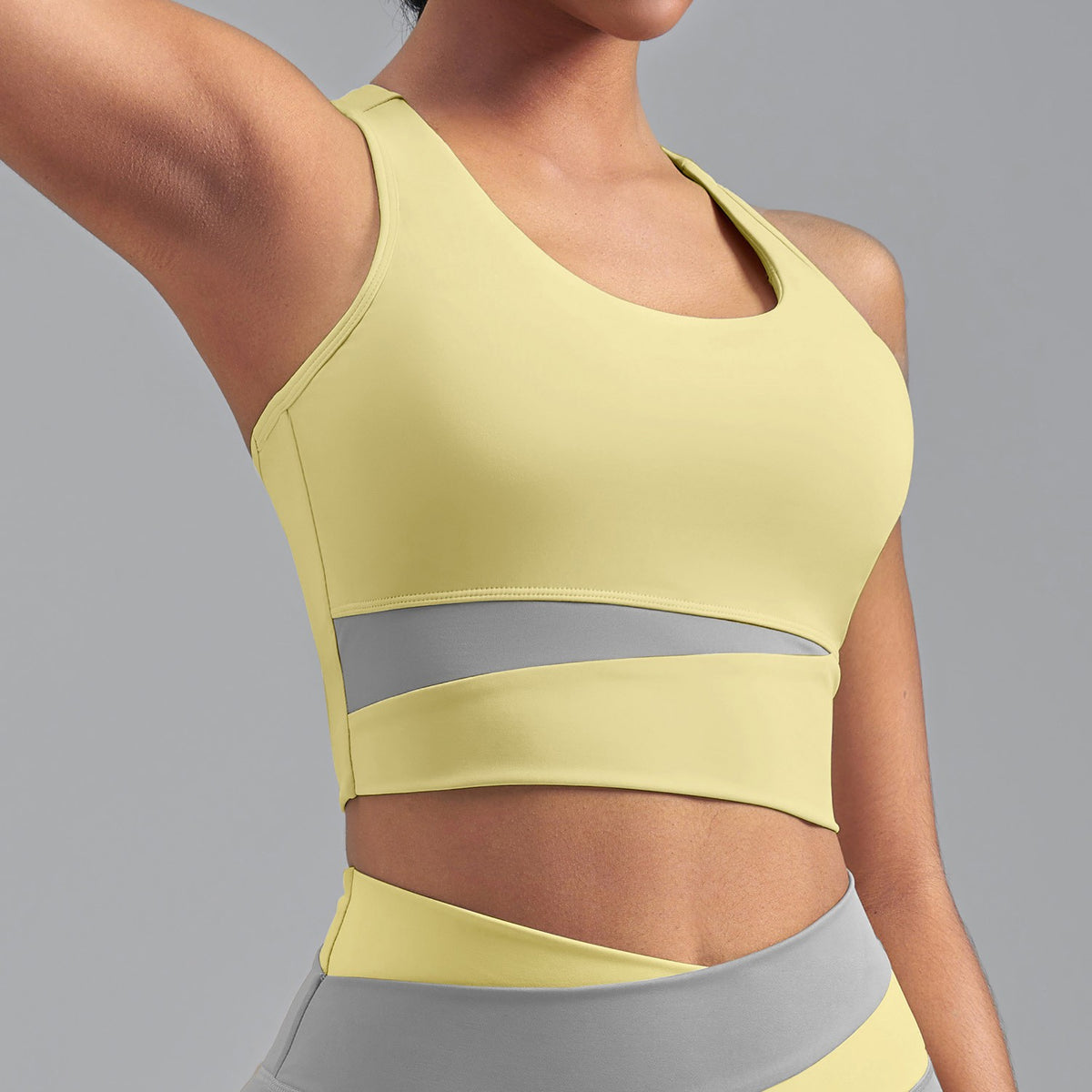 Mesh Panel Colorblock Longline Workout Sports Bra - Lemon Yellow