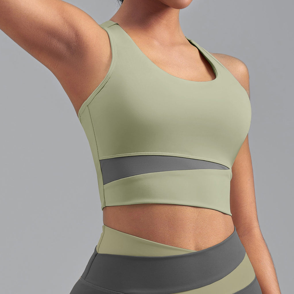 Mesh Panel Colorblock Longline Workout Sports Bra - Sage Green