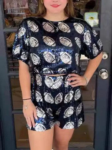 Sequin Football Tee and Shorts Lounge Set - Black