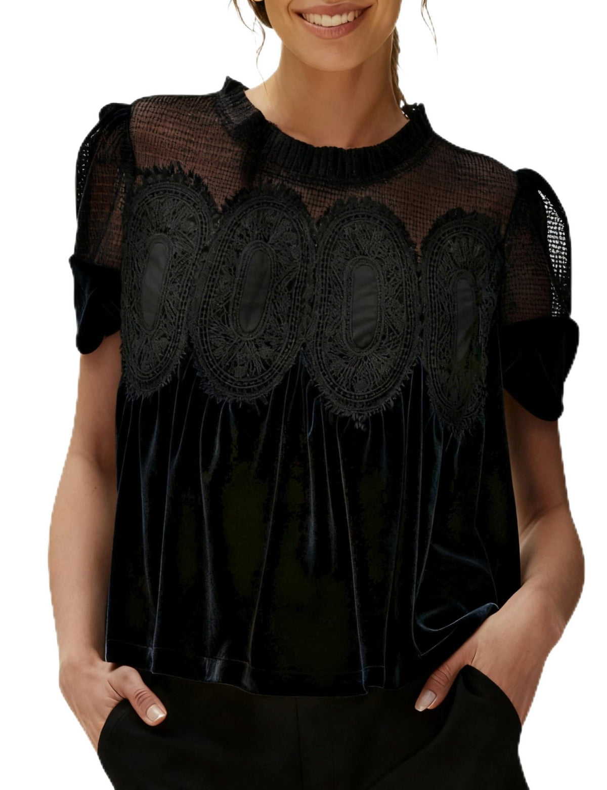 Velvet Babydoll Top With Sheer Lace Yoke - Black