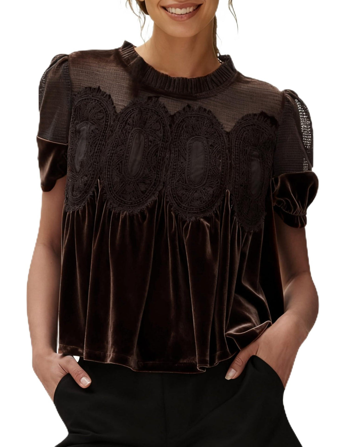 Velvet Babydoll Top With Sheer Lace Yoke - Coffee