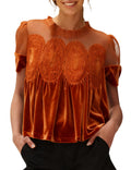 Velvet Babydoll Top With Sheer Lace Yoke - Orange