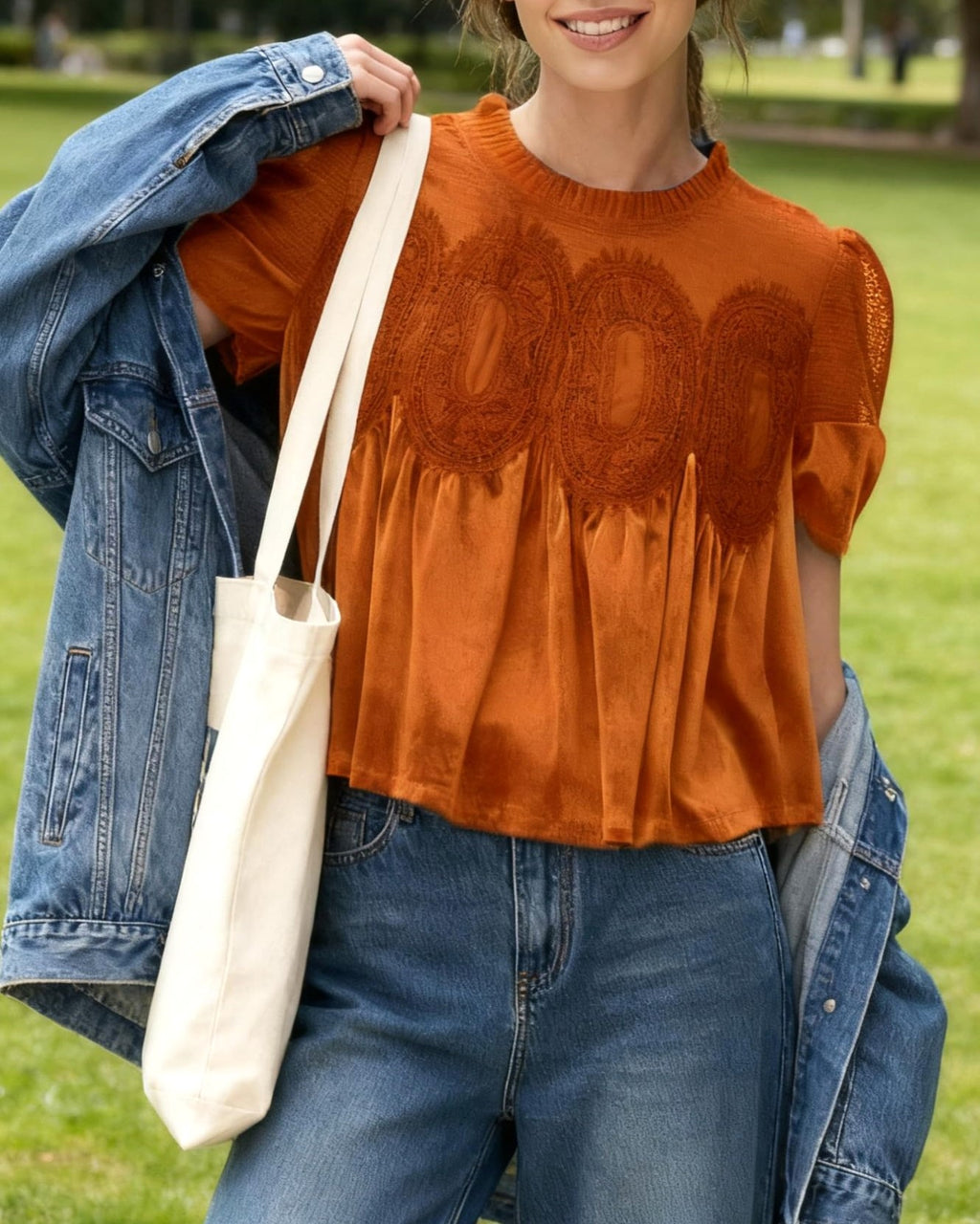 Velvet Babydoll Top With Sheer Lace Yoke - Orange - 1