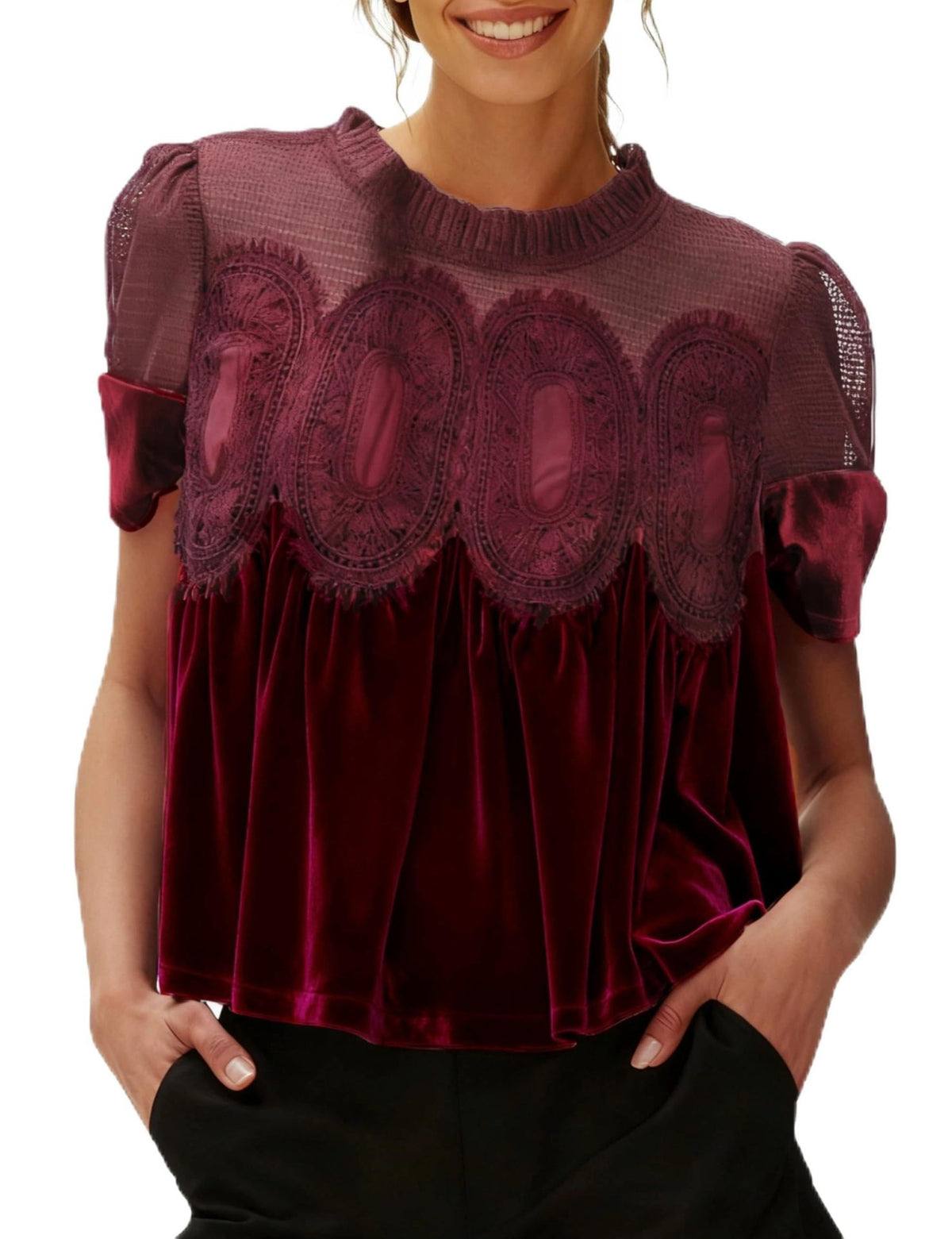 Velvet Babydoll Top With Sheer Lace Yoke - WineRed