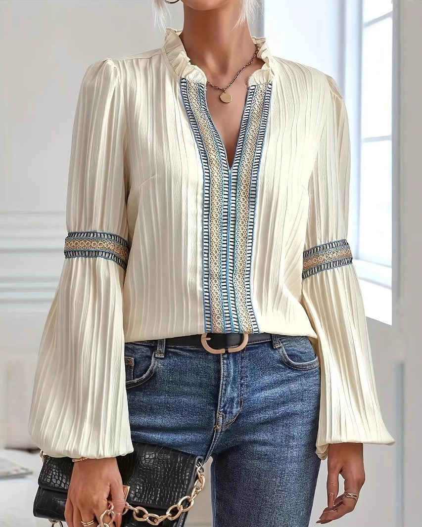 Pleated Lantern Sleeve Lace Trim Blouse - Apricot