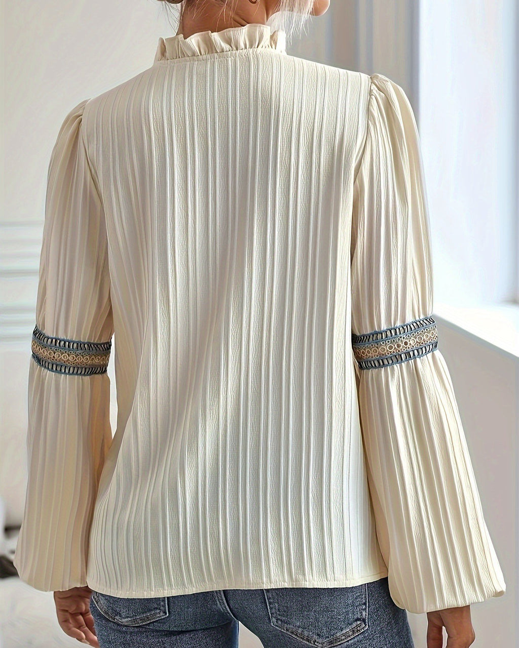 Pleated Lantern Sleeve Lace Trim Blouse - Apricot - 3