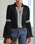 Pleated Lantern Sleeve Lace Trim Blouse - Black