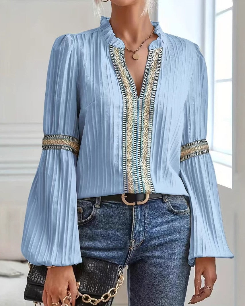 Pleated Lantern Sleeve Lace Trim Blouse - Blue