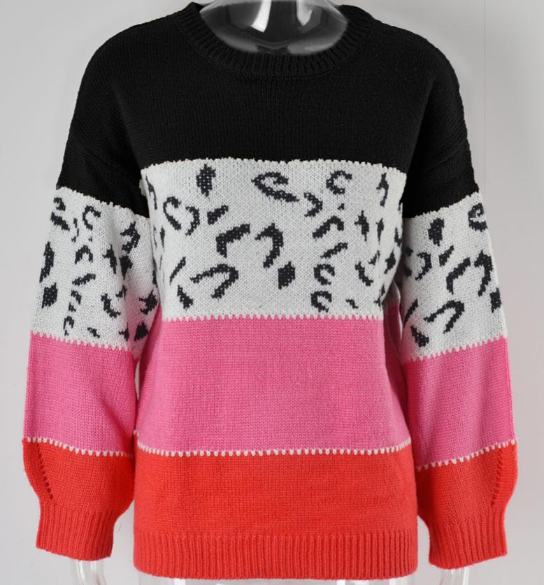 Leopard Panel Colorblock Crewneck Jumper - BPink