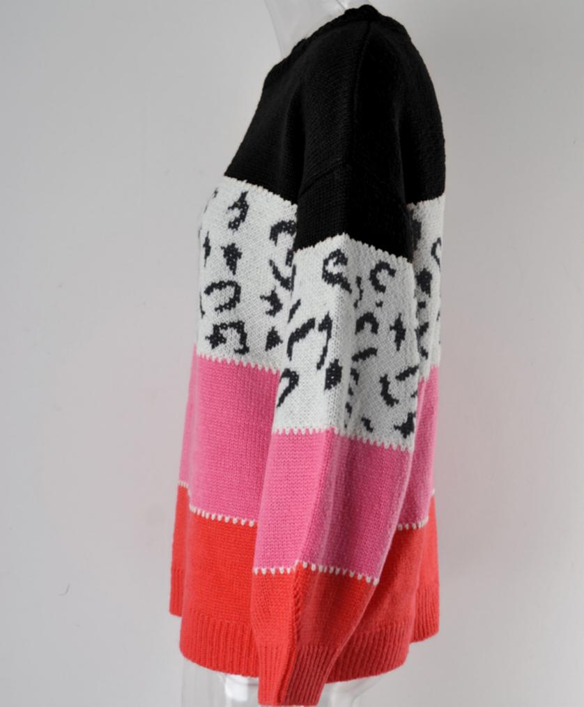Leopard Panel Colorblock Crewneck Jumper - BPink - 1