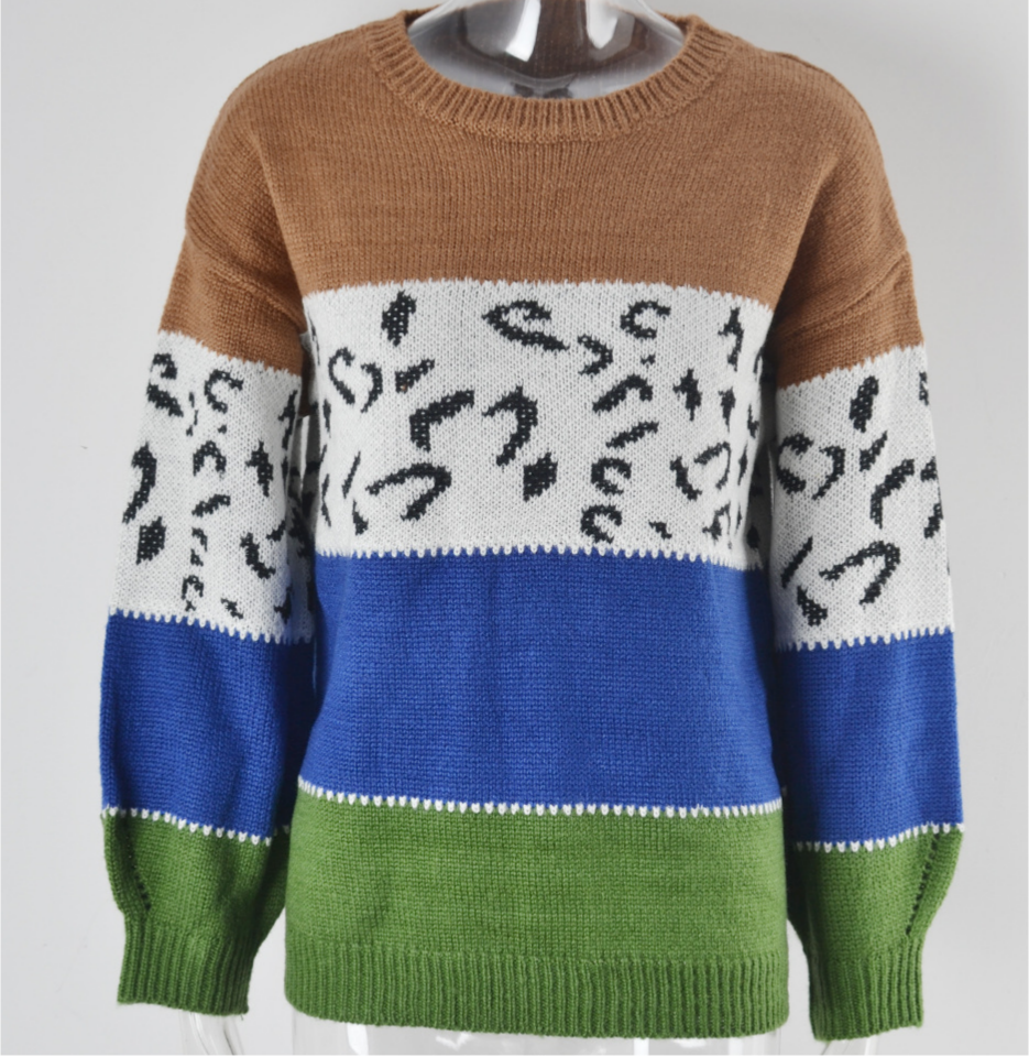 Leopard Panel Colorblock Crewneck Jumper - Blue