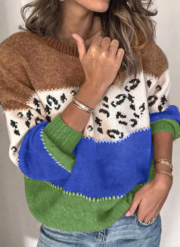 Leopard Panel Colorblock Crewneck Jumper - Blue - 1