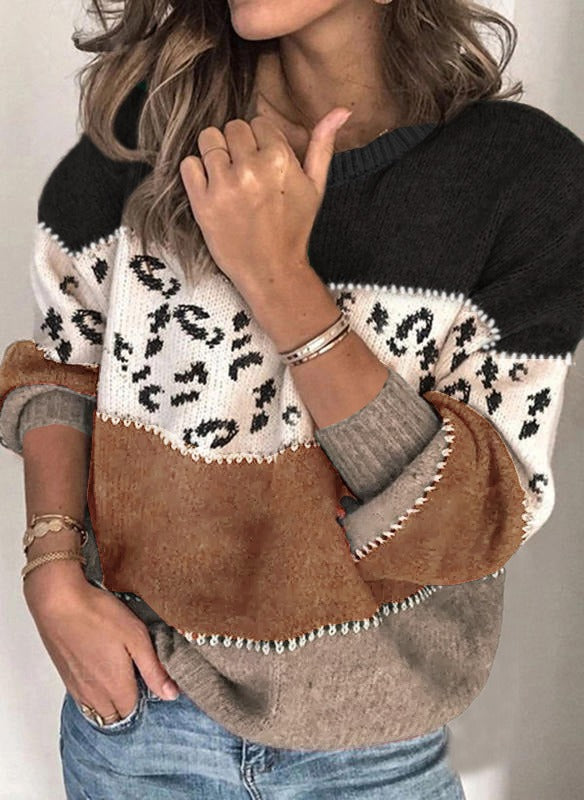 Leopard Panel Colorblock Crewneck Jumper - Brown