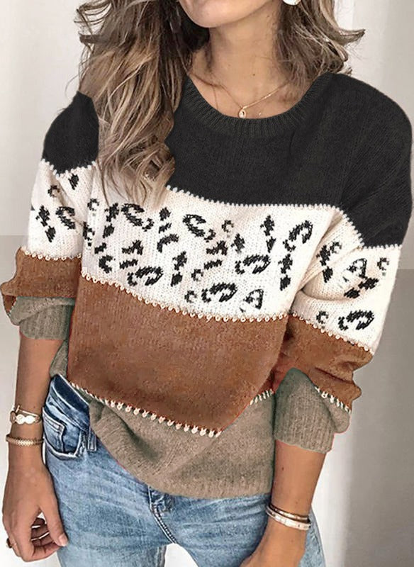 Leopard Panel Colorblock Crewneck Jumper - Brown - 1