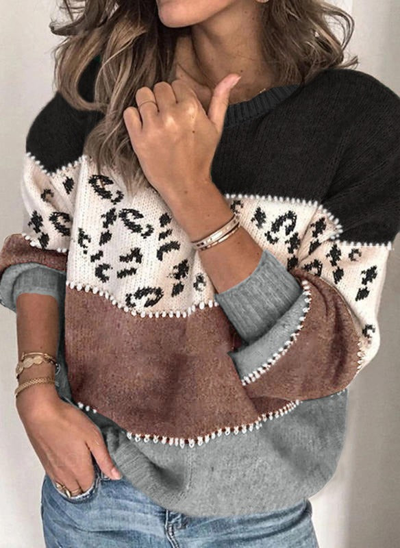 Leopard Panel Colorblock Crewneck Jumper - Gray