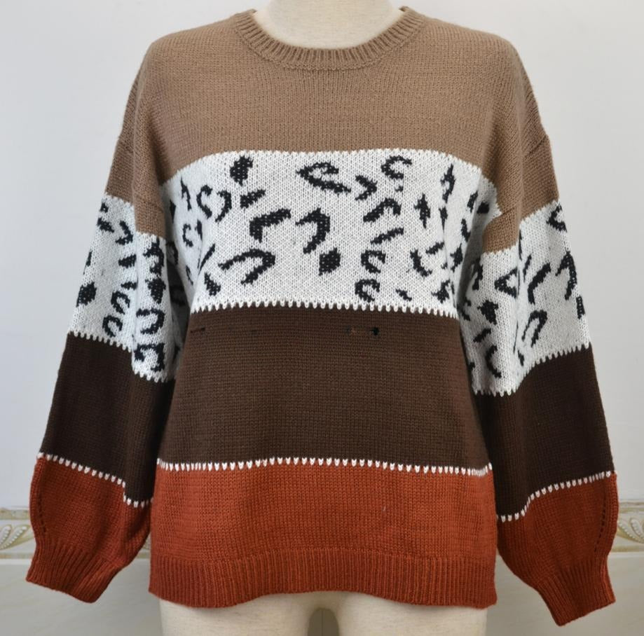 Leopard Panel Colorblock Crewneck Jumper - Khaki
