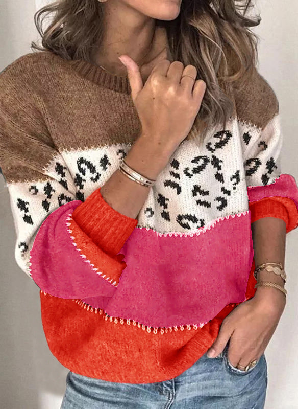 Leopard Panel Colorblock Crewneck Jumper - Pink