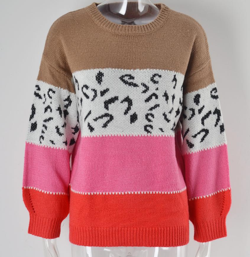 Leopard Panel Colorblock Crewneck Jumper - Pink - 1