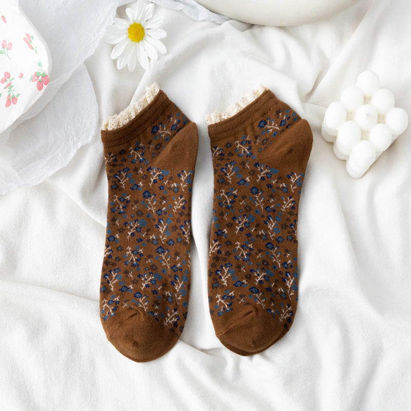Lace Trim Ditsy Floral Ankle Socks - Coffee