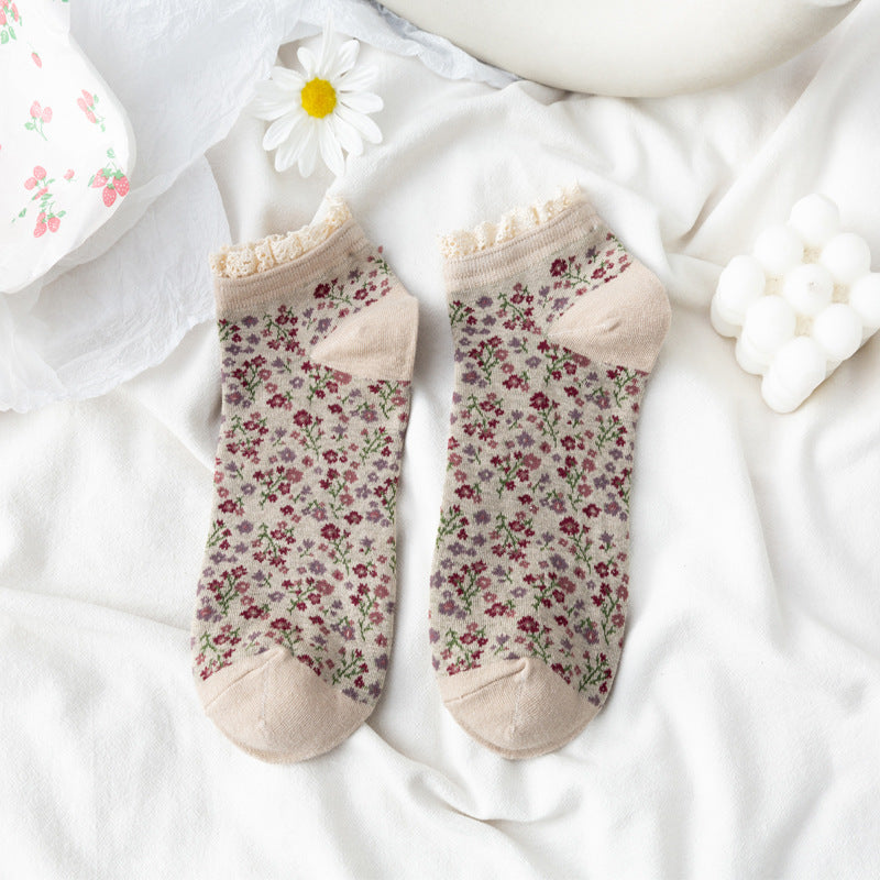 Lace Trim Ditsy Floral Ankle Socks - Khaki