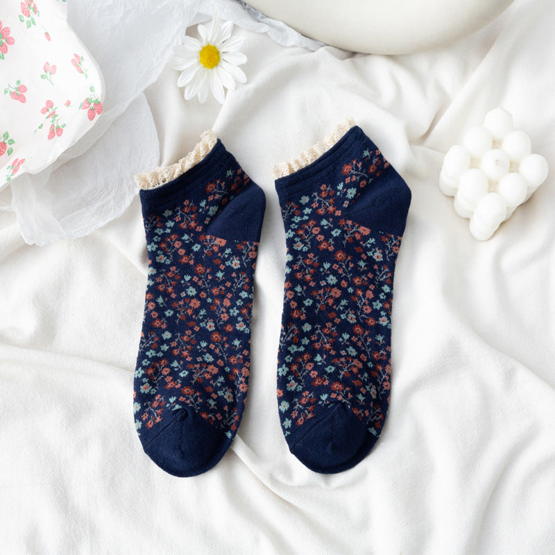 Lace Trim Ditsy Floral Ankle Socks - NavyBlue