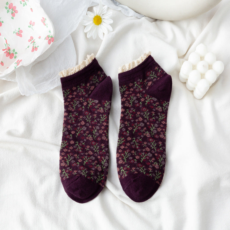 Lace Trim Ditsy Floral Ankle Socks - Purple - 1