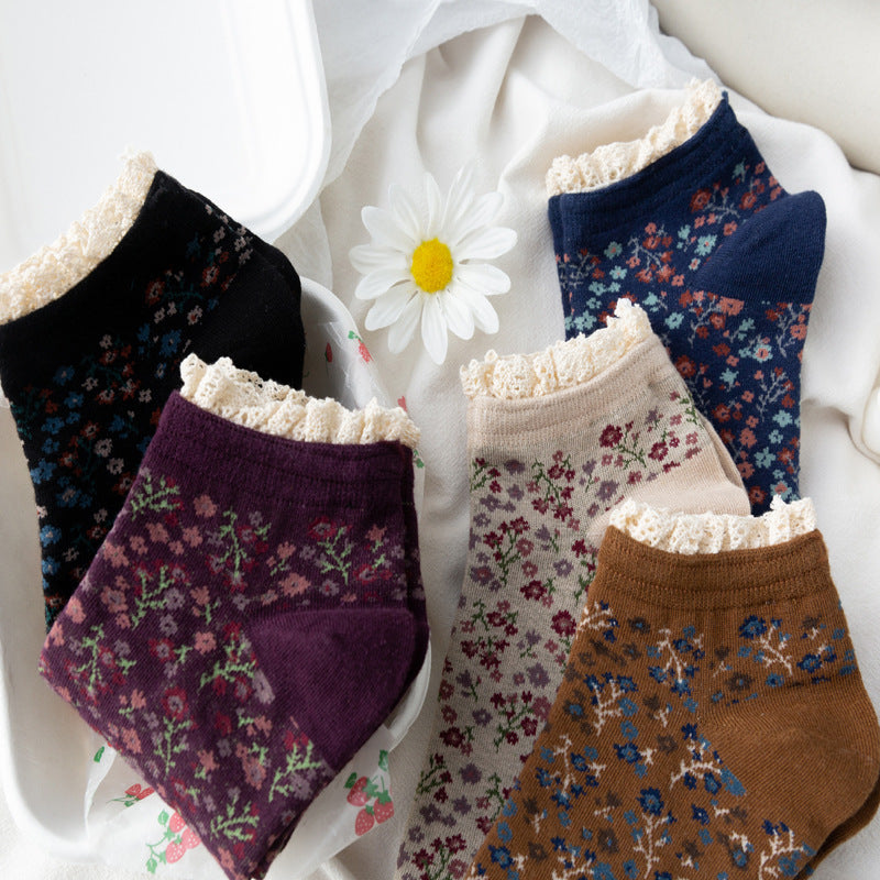 Lace Trim Ditsy Floral Ankle Socks - Purple - 2
