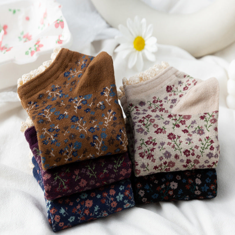 Lace Trim Ditsy Floral Ankle Socks - Purple - 3