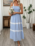 Striped Lace Trim Smocked Maxi Sundress - Blue