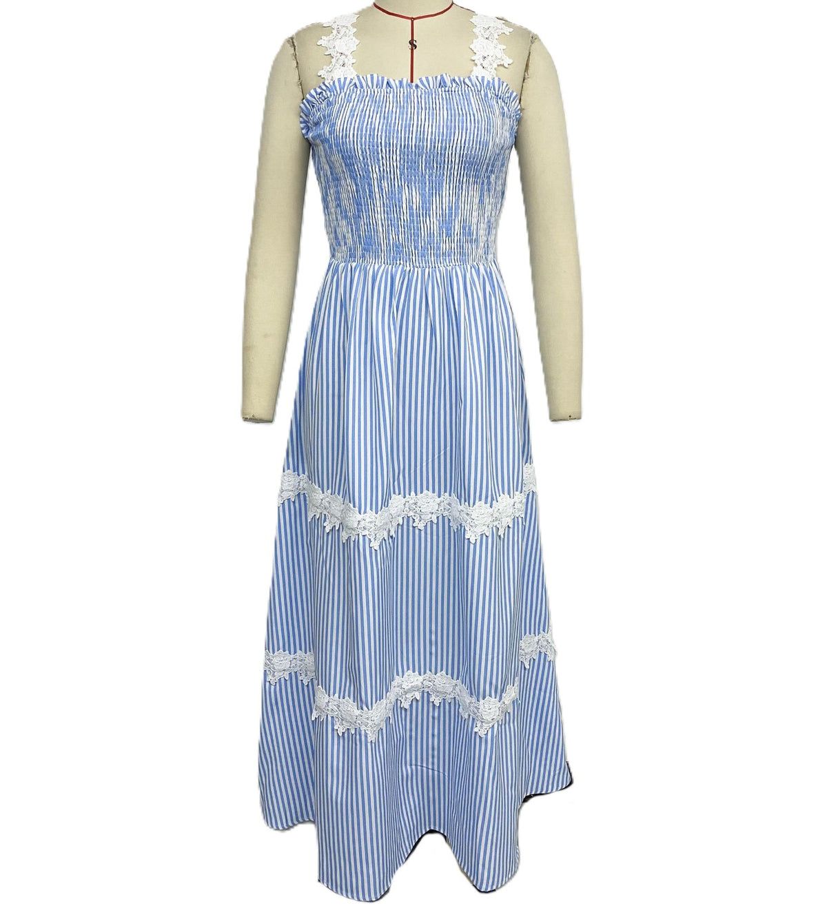 Striped Lace Trim Smocked Maxi Sundress - Blue - 1