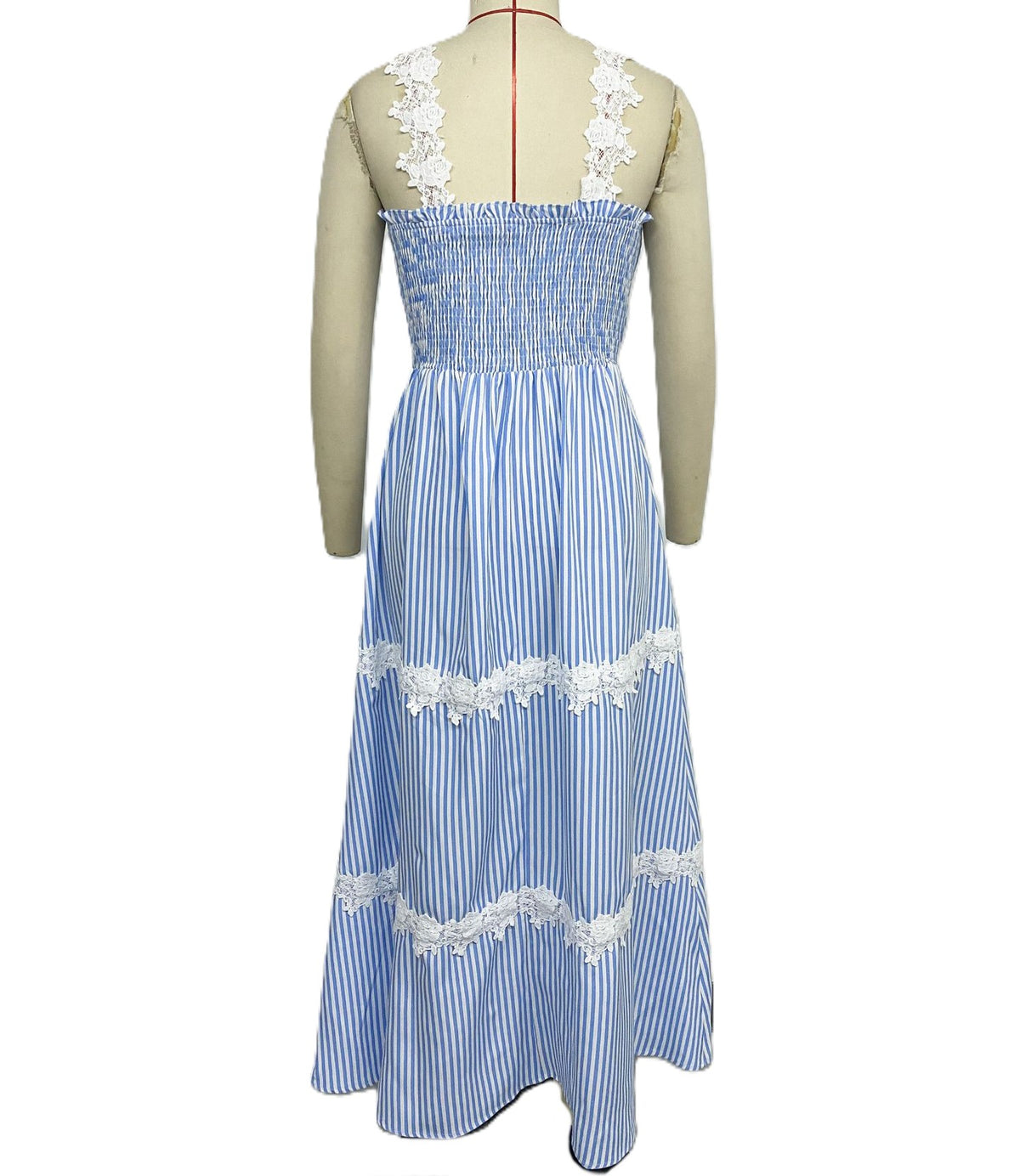 Striped Lace Trim Smocked Maxi Sundress - Blue - 2