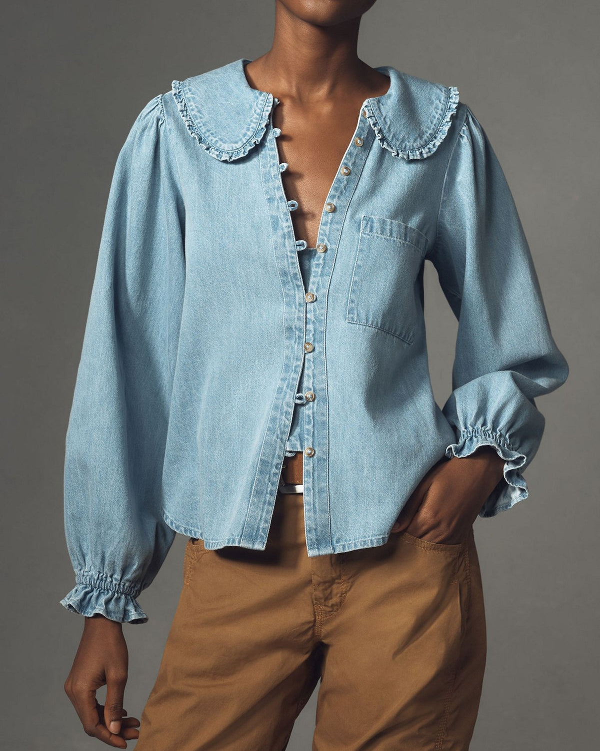 Ruffled Peter Pan Collar Denim Blouse - Blue
