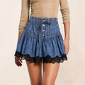 Ruffled Denim Shorts With Scalloped Lace Hem - Blue