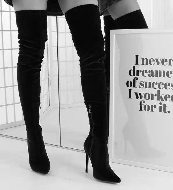 Velvet Over The Knee Stiletto Boots - Black